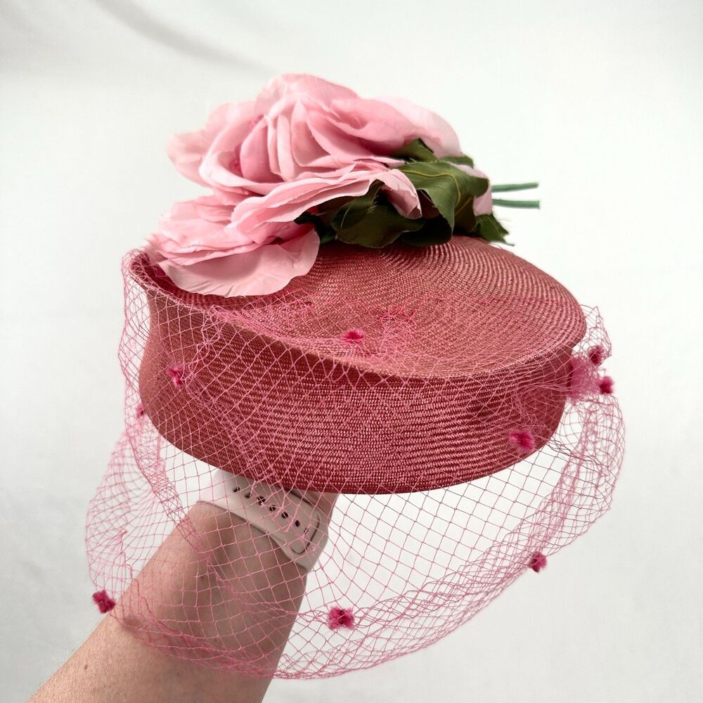 Vintage Don Anderson Pillbox Hat Netting Floral Pink Woven Church Derby Wedding